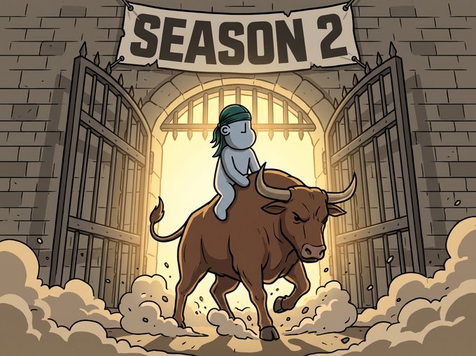 A cartoon-style illustration showing a small character with green hair riding a charging bull through an open gate, with a banner above reading 'SEASON 2'.