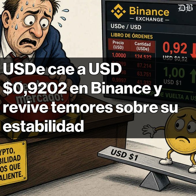An editorial illustration from Mercado Bitcoin showing a stressed man watching the USDe/USD pair fall to $0.92 on Binance Exchange, with a worried coin character on a seesaw.