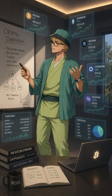 An anime-style illustration of a man in a green hat and jacket presenting a 'CRYPTO OVERVIEW' on a whiteboard, with Bitcoin, Ethereum, Solana, Chainlink, and Polygon stats displayed on surrounding screens.
