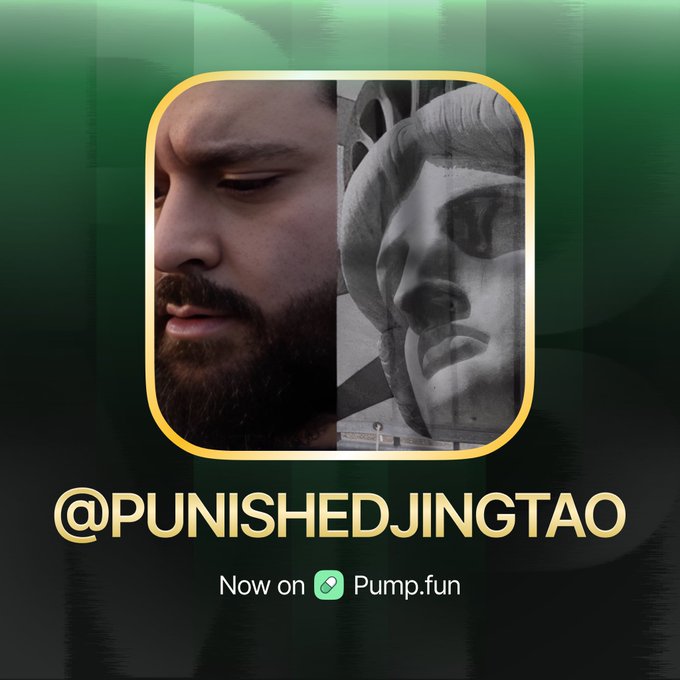 A promotional graphic for "@PUNISHEDJINGTAO" on Pump.fun features a split image with a bearded man on the left and a Jason Voorhees-style mask on the right, set against a green background. The post celebrates the launch of the PUNISHEDJINGTAO project on the Pump.fun platform.