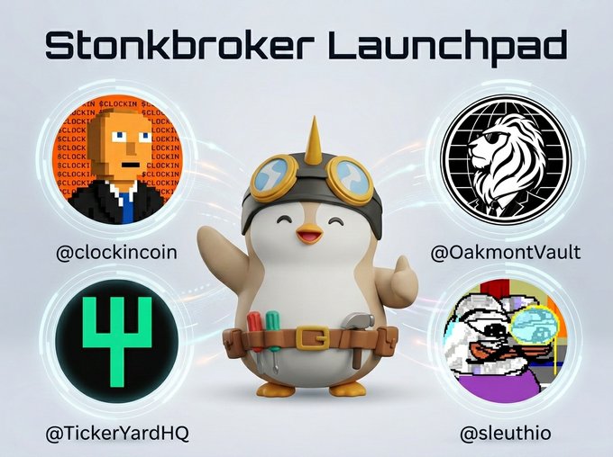 A graphic titled 'Stonkbroker Launchpad' shows a 3D penguin wearing goggles and a tool belt, surrounded by four logos: '@clockincoin', '@OakmontVault', '@TickerYardHQ', and '@sleuthio'.