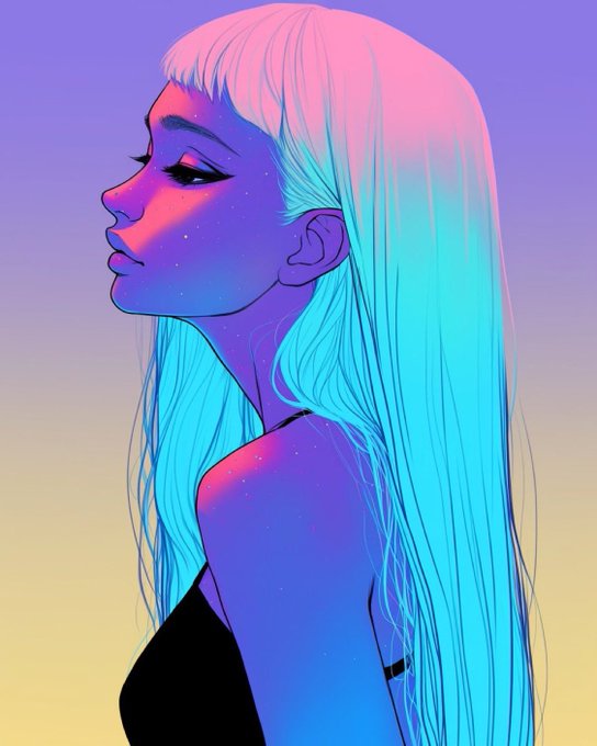 A stylized digital illustration of a woman in profile with long flowing cyan and pink hair against a purple and yellow gradient background.