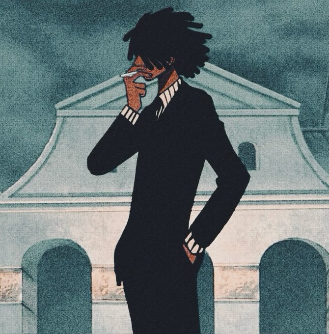 An artistic illustration of a stylish man in a black suit with sunglasses, smoking a cigarette in front of an ornate building.