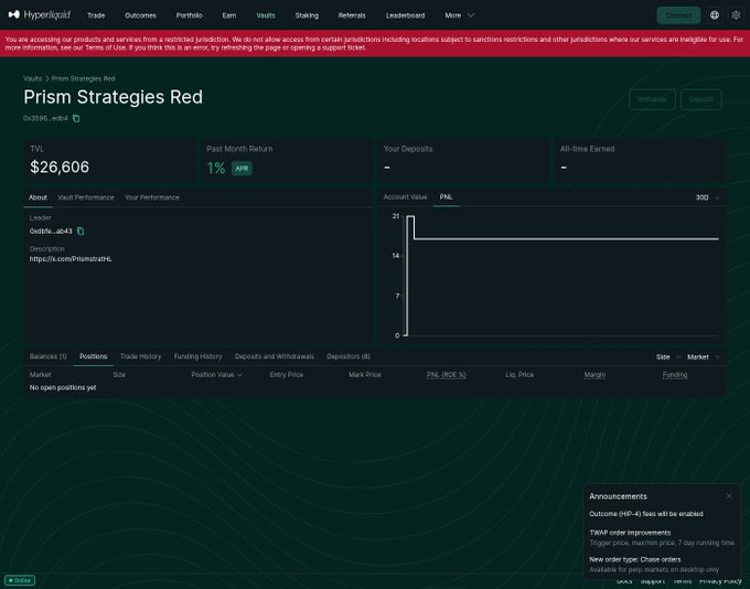 A Hyperliquid trading interface for a 'Prism Strategies Red' vault showing a TVL of $26,606 and 1% past month return, with an account value chart and no open positions.