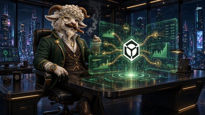 An anthropomorphic bull in a green suit and gold-rimmed monocle sits at a desk smoking a cigar in a futuristic city office, surrounded by holographic green financial charts and a glowing crypto cube icon.