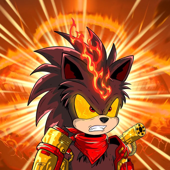 An illustration of Shadow the Hedgehog with fiery quills and golden weapons, set against an orange, explosive background.
