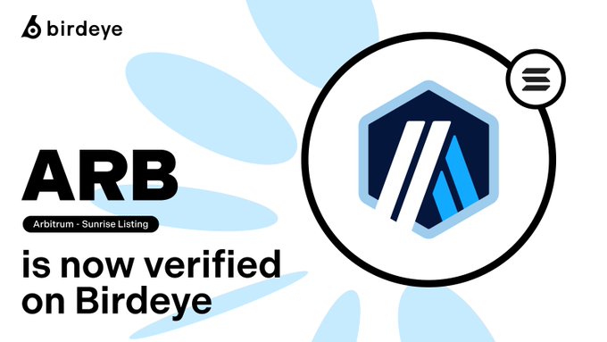 A promotional graphic from Birdeye announcing that ARB (Arbitrum) is now verified on the Birdeye platform, featuring a hexagon logo with "A" letterform, alongside text reading "ARB is now verified on Birdeye" and the Birdeye branding in the top-left corner. The design visually supports the announcement of Arbitrum's listing integration via Sunrise on Solana's ecosystem.