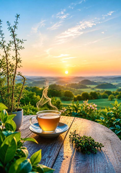 A scenic sunset view over rolling green hills with a steaming cup of tea on a wooden table in the foreground.