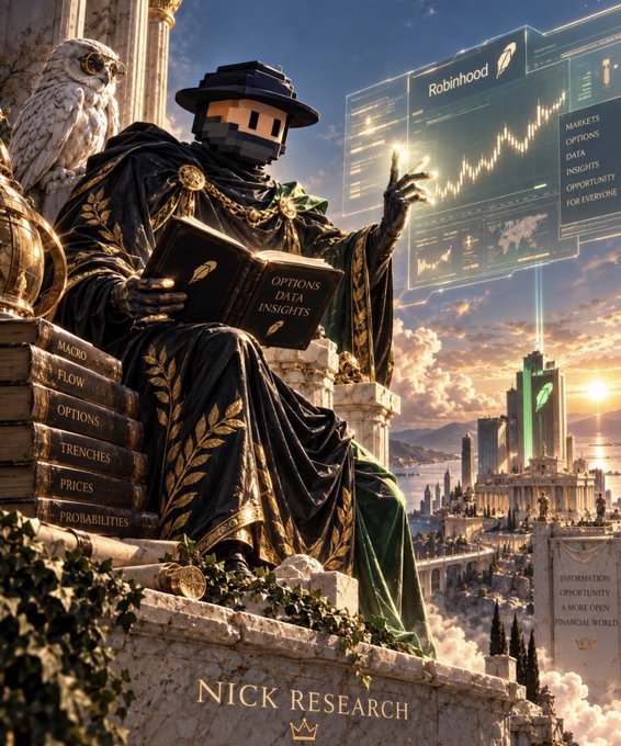 A regal, faceless figure in ornate black-and-green robes sits atop a marble pedestal, holding a book titled "OPTIONS DATA INSIGHTS" and gesturing toward a glowing "Robinhood" trading interface displaying candlestick charts and a list of market categories (Markets, Options, Data, Insights, Opportunities, For Everyone), with an owl perched nearby and a stack of books labeled "MACRO, FLOW, OPTIONS, TRENCHES, PRICES, PROBABILITIES" at his feet—visually celebrating the creator's listing on Robinhood under the name "NICK RESEARCH."