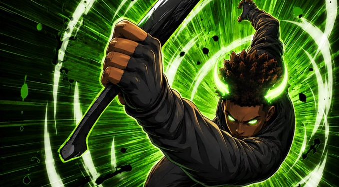 An anime-style illustration of a character with glowing green eyes wielding a dark blade, surrounded by radiating green energy rings against a dark background.