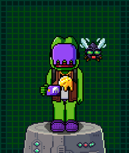 Pixel art of a character in a green and purple suit holding a purple block, standing on a gray platform with a flying bug-like creature nearby against a grid background.