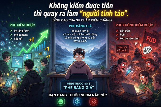 A Vietnamese-language infographic titled 'Không kiếm được tiền thì quay ra làm "người tỉnh táo"' discussing market psychology, contrasting 'PHE KIẾM ĐƯỢC' (gainers doing farming, content, networking) with 'PHE KHÔNG KIẾM ĐƯỢC' (losers resorting to scams and FUD).