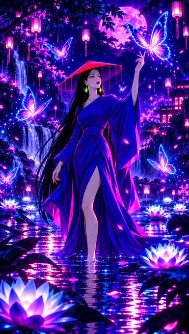 An anime-style illustration features a woman in a flowing purple dress and red conical hat reaching toward glowing blue butterflies in a mystical nighttime setting with lotus flowers, lanterns, and a full moon.