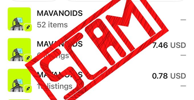 The image shows a list of "MAVANOIDS" NFT listings (52 items) on what appears to be OpenSea, with prices like 7.46 USD and 0.78 USD displayed, overlaid with a large red "SCAM" stamp. The warning post alerts followers that these listings are fraudulent, urging people to only trust the official mint links posted by @focusonFON and @MAVANOIDS to avoid being scammed.