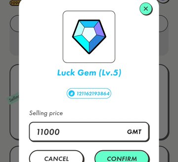 In-game marketplace screen for selling a 'Luck Gem (Lv.5)' for 11000 GMT with Cancel and Confirm options.