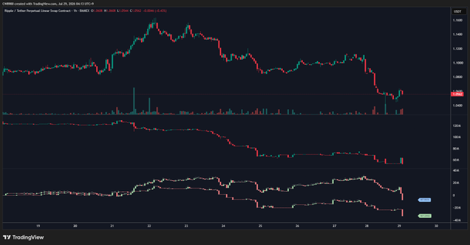 A TradingView chart of XRP/USD (XRP Perpetual Linear Swap Contract on BitMEX) shows a recent sharp price decline on the right side of the hourly candle chart, aligning with the post's observation that BitMEX whales drove a significant drop in net position delta through increased bearish short bets and closed long positions.