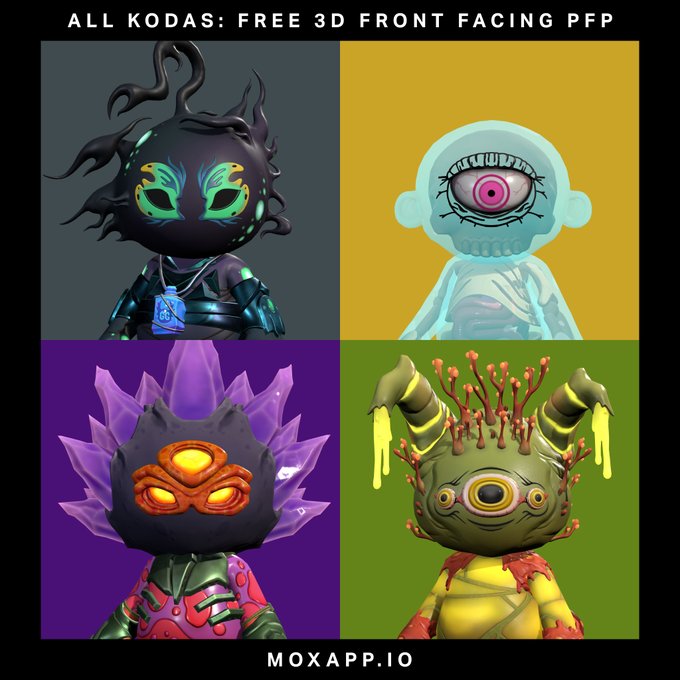 A promotional graphic titled 'ALL KODAS: FREE 3D FRONT FACING PFP' by MOXAPP.IO showing four colorful 3D character avatars arranged in a grid.