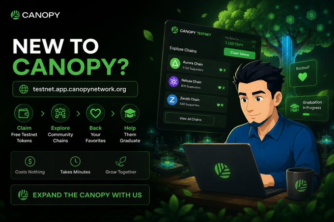 A promotional graphic for the Canopy testnet (testnet.app.canopynetwork.org) featuring an illustrated man at a laptop, outlining steps to claim free testnet tokens, explore chains like Aurora, Nebula, and Zenith, and back favorites.