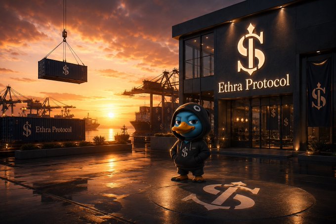 A cartoon duck mascot wearing a hoodie stands in front of the 'Ethra Protocol' headquarters at a shipping port during sunset, with branded cargo containers and a dollar sign logo on the ground.