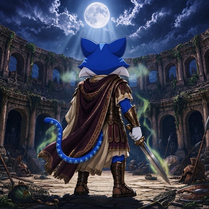 A blue Sonic the Hedgehog character dressed as a Roman gladiator stands in a moonlit colosseum, holding a sword amid ancient ruins and green mist.