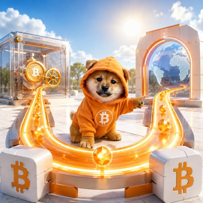 A Shiba Inu puppy wearing an orange Bitcoin-branded hoodie sits on a glowing orange crypto-themed structure flanked by Bitcoin symbols, with a glass cube showcasing a Bitcoin mining wheel on the left and an archway featuring a digital globe on the right.

The image illustrates the post's message about Bitcoin-native assets like $DOG, using the dog mascot to personify Kraken's new Runes listing while the Bitcoin symbols and mining machinery visually reinforce the concept of tokens "directly powered by Bitcoin" rather than relying on separate token contracts.