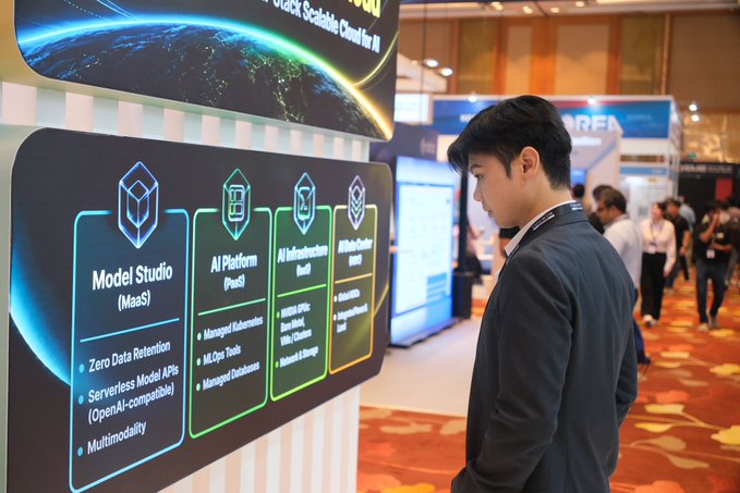 A young man looks at a presentation display at a tech conference, with panels labeled 'Model Studio (MaaS)', 'AI Platform (PaaS)', 'AI Infrastructure (IaaS)', and 'AI Marketplace (MaaS)'.