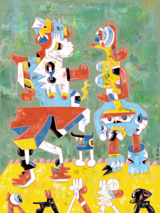 A vibrant, abstract painting features geometric figures and stylized animals rendered in orange, blue, yellow, and white against a green background.