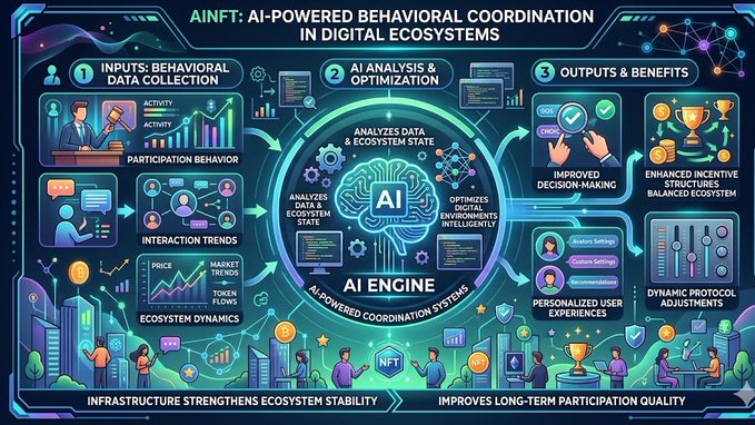 The image features a complex graphic design depicting an AI engine as its central focus. The graphically rendered components include various icons, people, buildings, and animals scattered throughout the scene. The title "AINFT AI-powered digital ecosystem behavioral coordination" is prominently displayed at the top of the image, while "behavioral coordination" is written below it in a smaller font size. Around this central theme, there are illustrations showing how AI systems can analyze user behavior and its impact on ecosystems to grow and adapt over time.