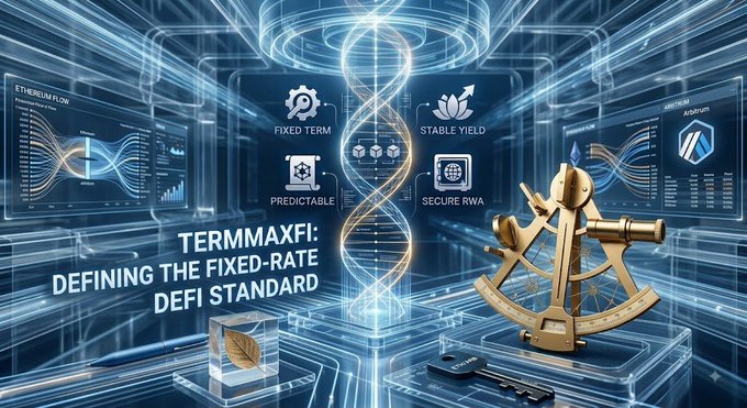 A promotional banner for 'TERMMAXFI: DEFINING THE FIXED-RATE DEFI STANDARD' featuring Ethereum and Arbitrum logos, icons for Fixed Term, Stable Yield, Predictable, and Secure RWA, alongside a golden sextant on a circuit board background.