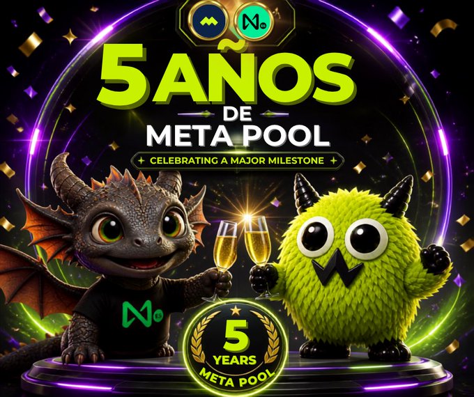 A celebratory graphic featuring two cartoon characters (a dragon and a green monster) toasting with champagne glasses, with text "5 AÑOS DE META POOL" and "5 YEARS META POOL".