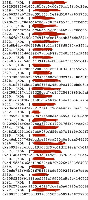 The image displays lines of hexadecimal data with the repeated label "[KOL]," likely representing cryptocurrency wallet addresses or NFT tracker data referenced in the accompanying post, which promotes a public NFT tracker on Notion to help users monitor wallet activities.