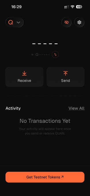 A screenshot of a mobile app wallet interface showing 'No Transactions Yet' for QUAN tokens, with options to Receive and Send, and a button to 'Get Testnet Tokens'.