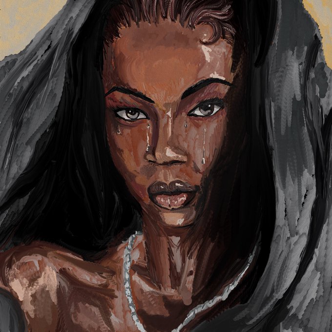 An impasto-style portrait of a Black woman with tears streaming down her face, framed by long black hair and wearing a light-colored necklace. The post identifies it as “BLACK MADONNA,” a 1/1 NFT inspired by Anok Yai’s iconic Met Gala look, listed on Ethereum via Transient Labs at a 0.05 ETH reserve.