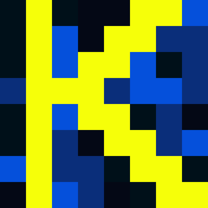 A pixelated image featuring a large bright yellow letter 'F' surrounded by blocks of black, dark green, and dark blue colors.