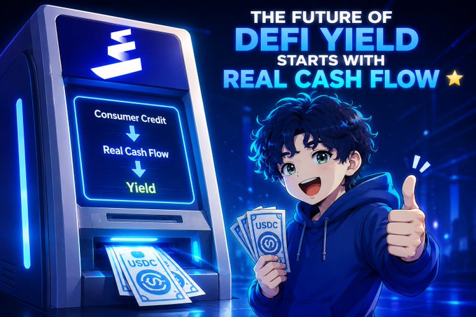 An anime-style promotional graphic titled 'THE FUTURE OF DEFI YIELD STARTS WITH REAL CASH FLOW', showing a smiling character holding USDC bills next to a machine displaying 'Consumer Credit → Real Cash Flow → Yield'.