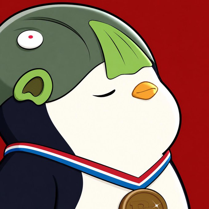 A cartoon mascot wearing a fish-themed helmet with a single eye and the Russian flag colors on its collar, holding a Dogecoin-style coin against a red background.