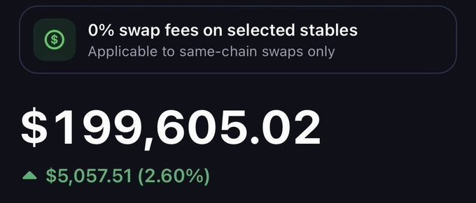 A screenshot showing a wallet balance of $199,605.02 with a gain of $5,057.51 (2.60%), along with a "0% swap fees on selected stables" banner. The image appears to be used to display a large crypto portfolio as social proof in a giveaway post asking users to drop their SOL addresses for a random airdrop to 25 wallets.