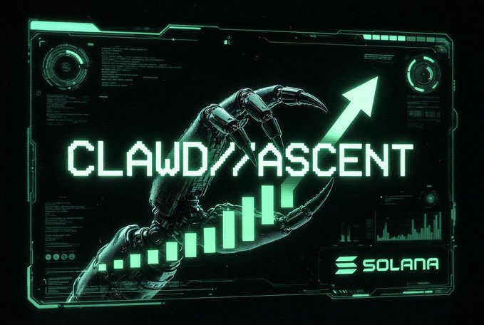 A futuristic green-themed graphic featuring a mechanical claw, an upward arrow, bar charts, and the text 'CLAW ASCENT' with the Solana logo.
