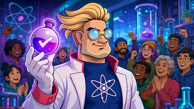 A cartoon scientist with blonde hair and round glasses holds up a glowing purple potion bottle marked with a checkmark, wearing a lab coat and atom-symbol t-shirt, while a diverse crowd of cheering people surround him in a neon-lit laboratory. The image visually reinforces the post's message of decentralized, scientist-led governance, depicting enthusiastic researchers collectively celebrating a verified, community-driven decision.