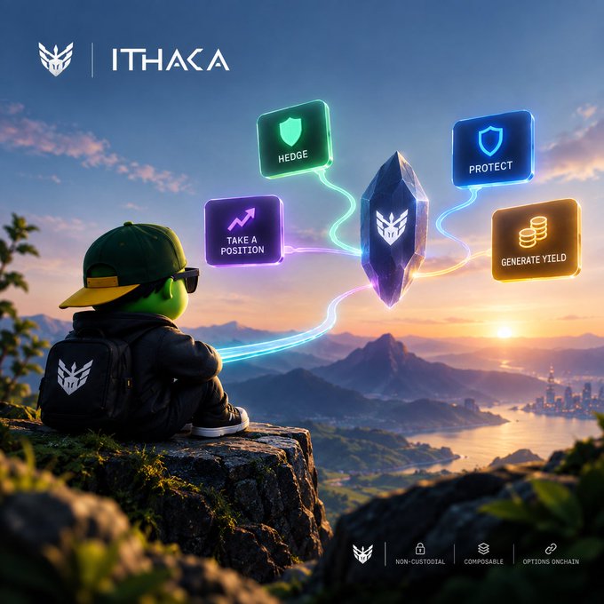 A digital illustration for ITHACA featuring a green-headed character sitting on a cliff overlooking a sunset, with floating icons labeled 'HEDGE', 'PROTECT', 'TAKE A POSITION', and 'GENERATE YIELD'.