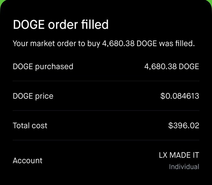 A trading notification confirming a DOGE market order filled, purchasing 4,680.38 DOGE at $0.084613 for a total cost of $396.02 on the 'LX MADE IT' individual account.