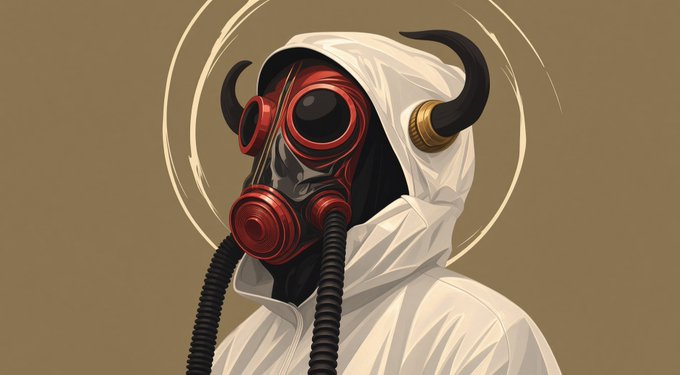 A hooded figure in white wears a striking red and black gas mask adorned with black horns and breathing tubes, set against a tan background with a halo-like swirl—evoking a maximalist, dark-fantasy DnD NFT aesthetic.