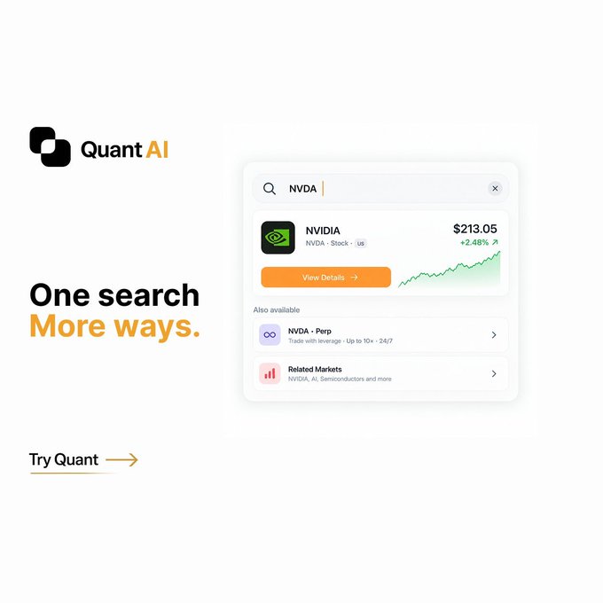 An advertisement for QuantAI with the tagline 'One search More ways.' showing a search interface displaying NVIDIA stock (NVDA) at $213.05 with +2.48% gain, plus options for NVDA Perp and Related Markets.
