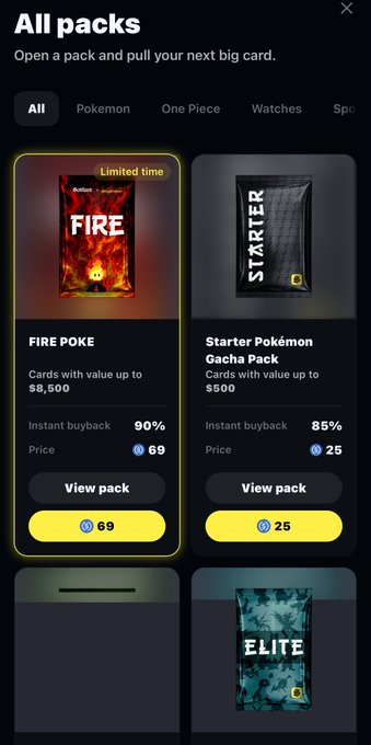 A mobile app screen displays an "All packs" section showing a "FIRE POKE" pack for 69 coins and a "Starter Pokémon Gacha Pack" for 25 coins.
