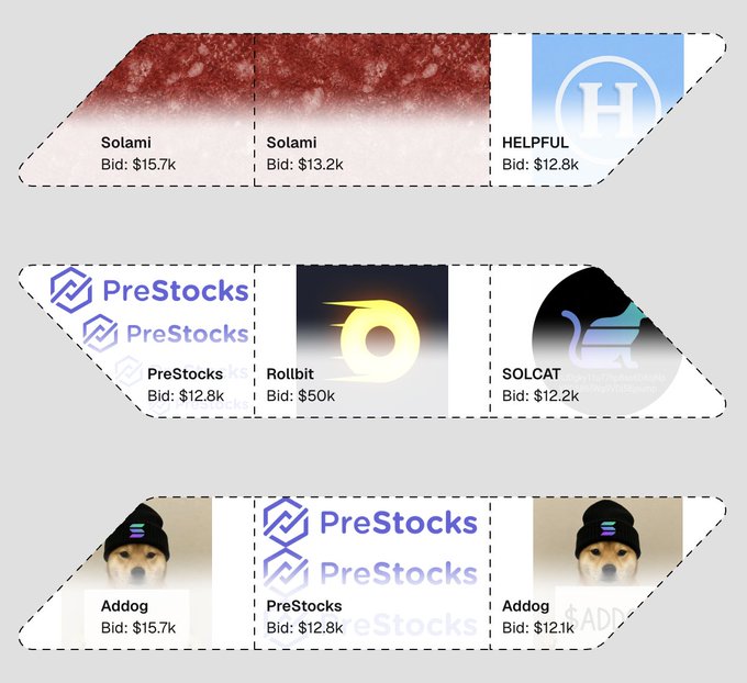 The image showcases winning auction bids for ad space on the Solana logo, featuring contributors like Solami ($15.7k, $13.2k), HELPFUL ($12.8k), PreStocks ($12.8k), Rollbit ($50k), SOLCAT ($12.2k), and Addog ($15.7k, $12.1k). This visualizes the competitive bidding for prominent placement on Solana's PFP and pinned post as mentioned in the announcement.