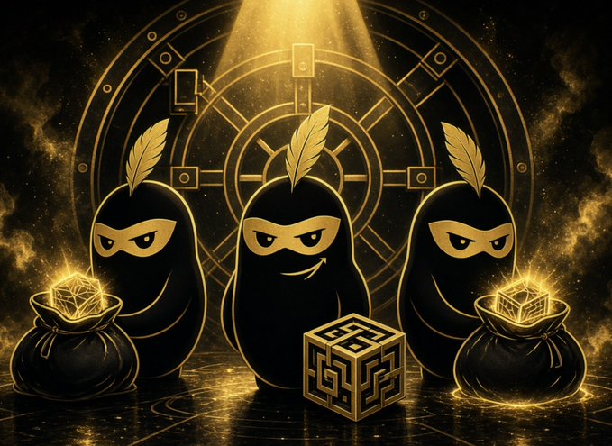 A stylized golden illustration of three ninja-like figures with feather headpieces, bags of glowing gems, and a labyrinth cube against a mystical circular background.
