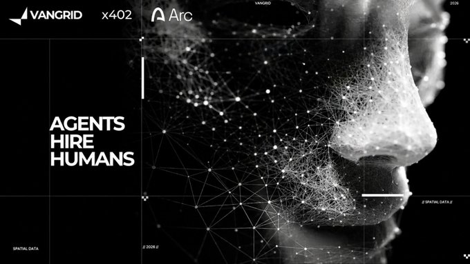 Black and white promotional image with logos for 'VANGRID' and 'Arc', featuring a wireframe human profile and the text 'AGENTS HIRE HUMANS'.