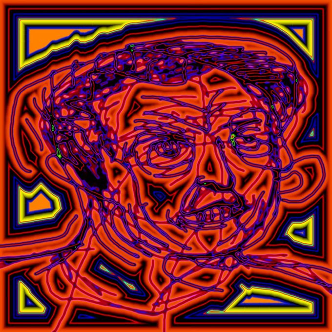 A high-contrast, neon-colored psychedelic portrait of a man's face, rendered in intense reds, purples, yellows, and blues with a wavy, trippy distortion effect.