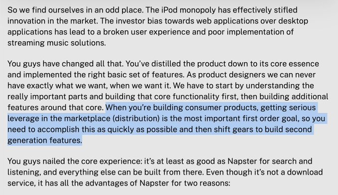 Excerpt of an article with one highlighted passage in blue stating: "When you're building consumer products, getting serious leverage in the marketplace (distribution) is the most important first order goal, so you need to accomplish this as quickly as possible and then shift gears to build second generation features."
