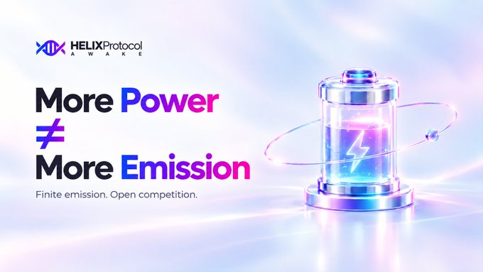 A marketing banner for HELIX Protocol with the tagline 'AWAKE' and the slogan 'More Power ≠ More Emission - Finite emission. Open competition.', featuring an illustration of a glowing energy capsule with a lightning bolt.